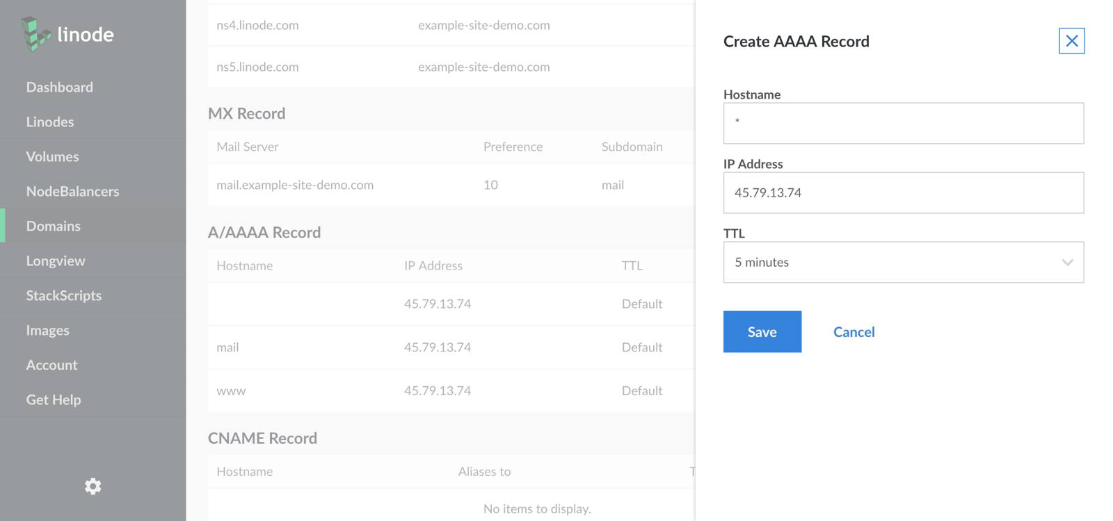 Create a new A record, following the instructions in the “Adding” section. Add a single asterisk (\*) in the “Hostname” field. Set your IP address in the “IP Address” field. Then click the “Save Changes” button.